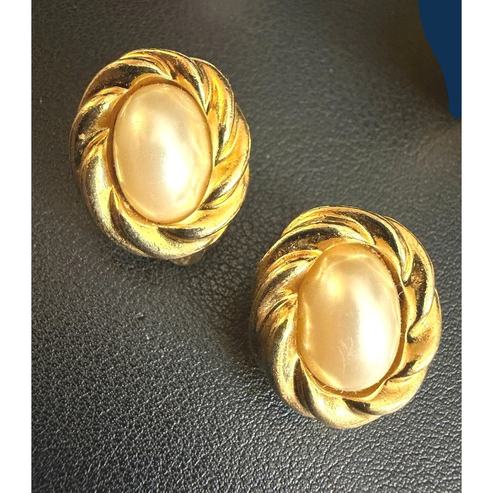 Vintage KJL Earrings Clip Ons Gold Tone Faux Pearl Twisted Rope